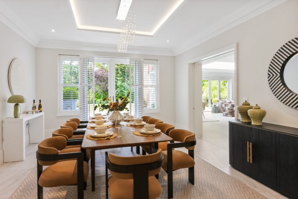 Before and after home staging of a Surrey dining room with brown table, chairs and chandelier