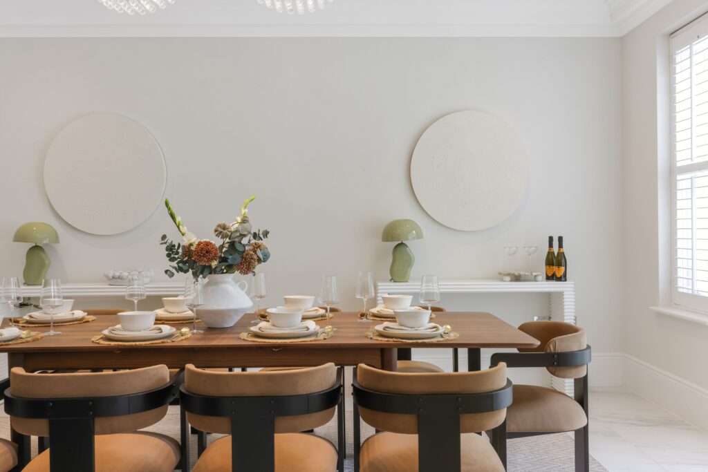 Before and after home staging of a Surrey dining room with brown table, chairs and chandelier