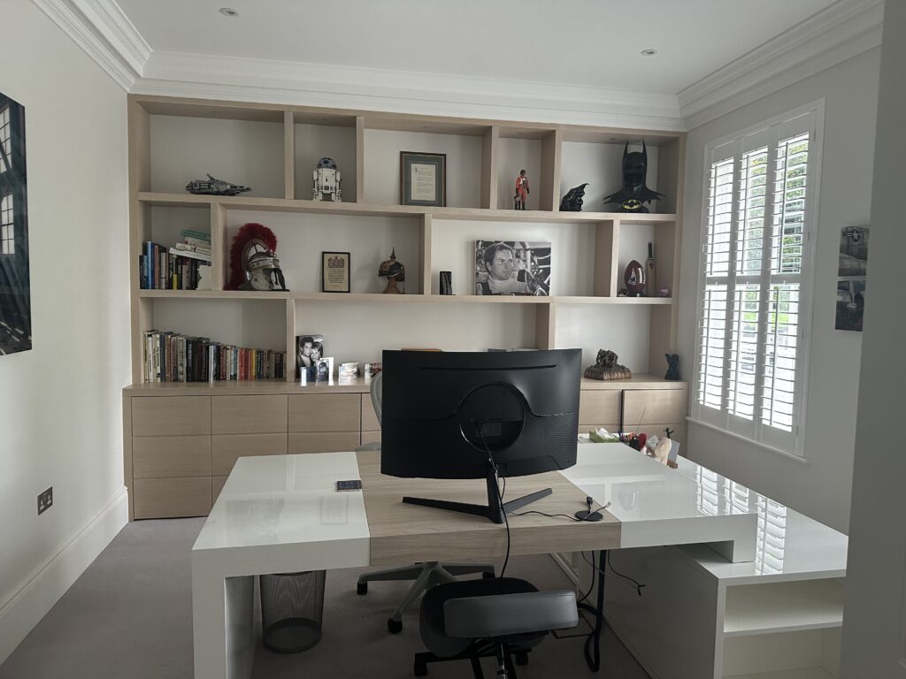 Before and after home staging of a Surrey family home office with shelving unit and white desk