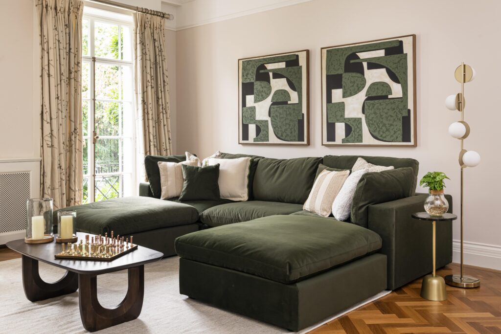 london furniture package for family home in chelsea with green living room scheme and decorative accessories