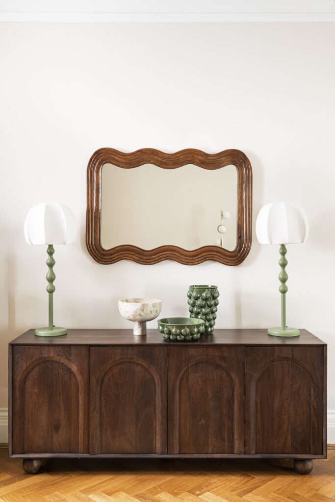 london furniture pack for a bespoke scheme in chelsea home solid wood sideboard and wavy mirror