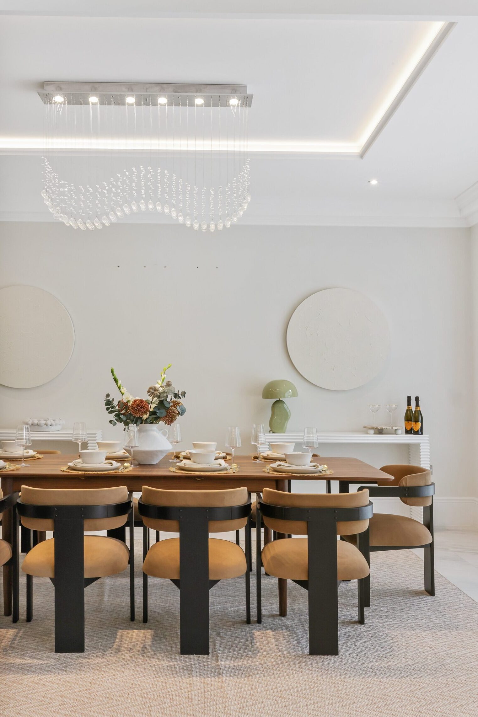 Before and after home staging of a Surrey dining room with brown table, chairs and chandelier