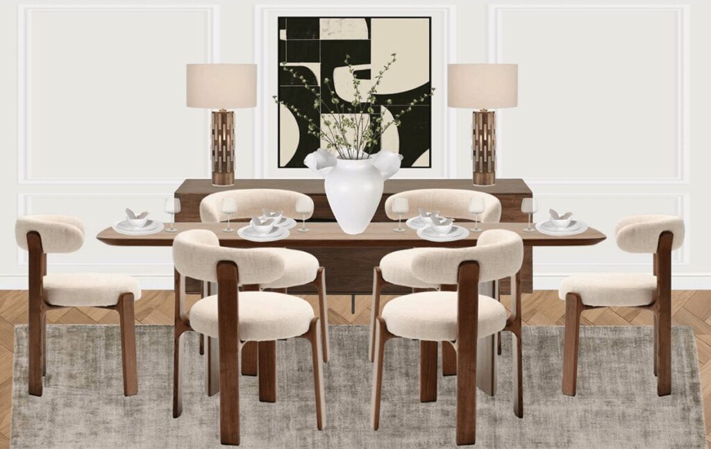 Illustration of the design process featuring a neutral dining room with wooden furniture, artwork, and layered textures for home staging.
