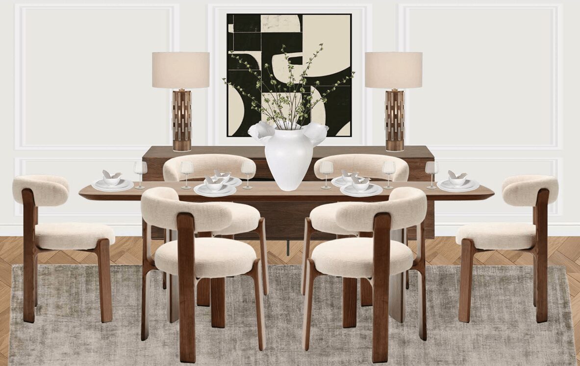Illustration of the design process featuring a neutral dining room with wooden furniture, artwork, and layered textures for home staging.