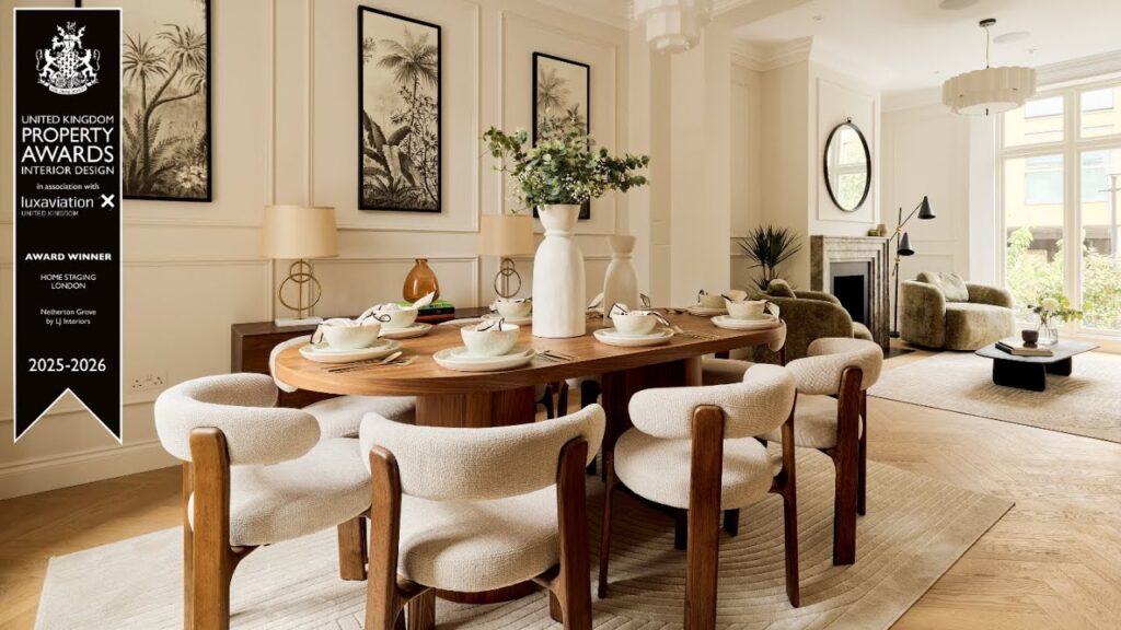 dining room with neutral walls and decorated with wooden furniture, beige boucle chairs and floral details