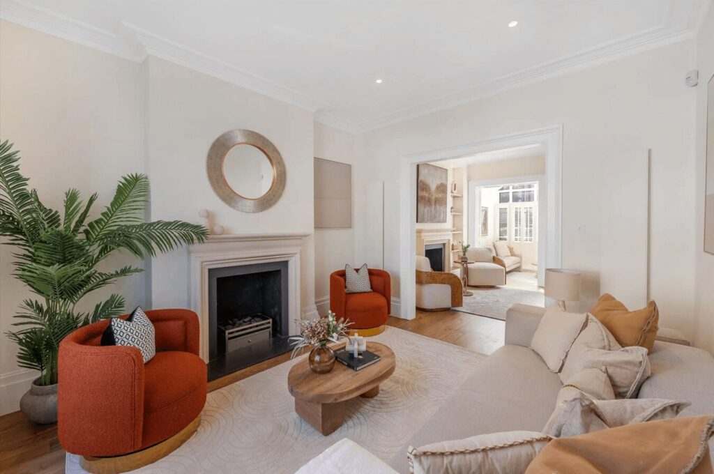 before and after transformation for home stager in london with netural interior styling and bold accessories