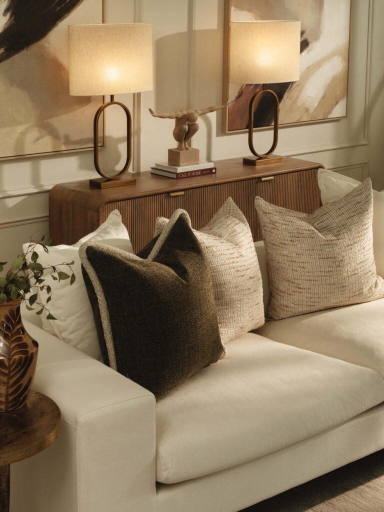 neutral organic interior design scheme for living room in surrey family home