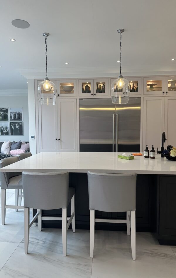 Before and after home staging of a Surrey open plan kitchen with grey furniture decor