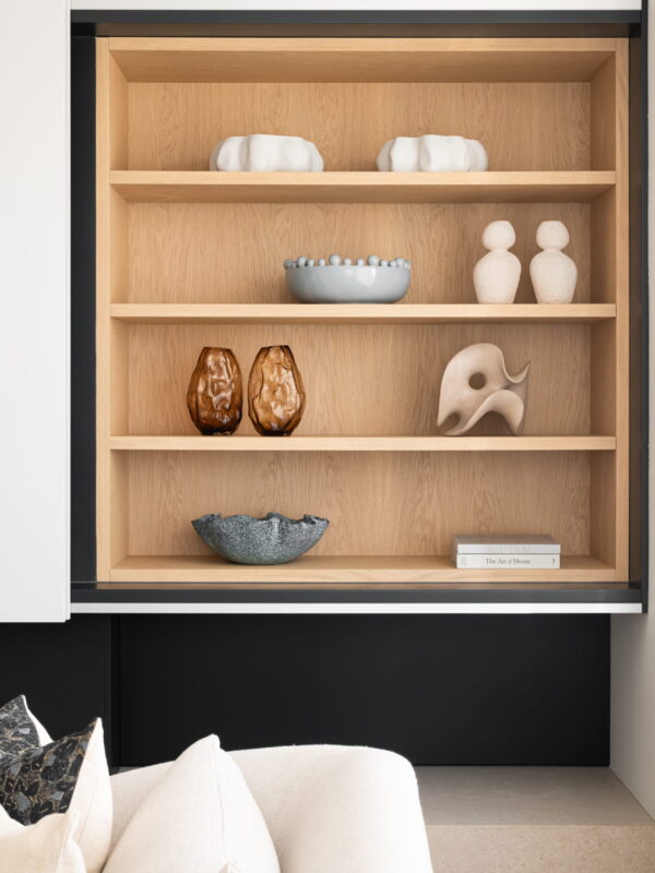 bespoke shelf styling with sculptural accessories for london furniture package in kensington